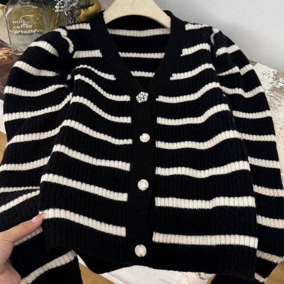 Black And White Striped Knit Cardigan With Pearl Buttons - Picture 3 of 4